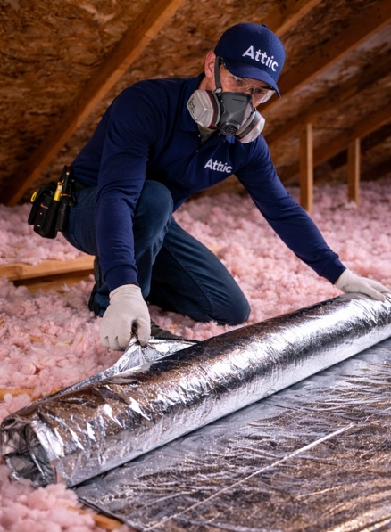 Attiic installer placing AttiicELEVATE over existing attic insulation